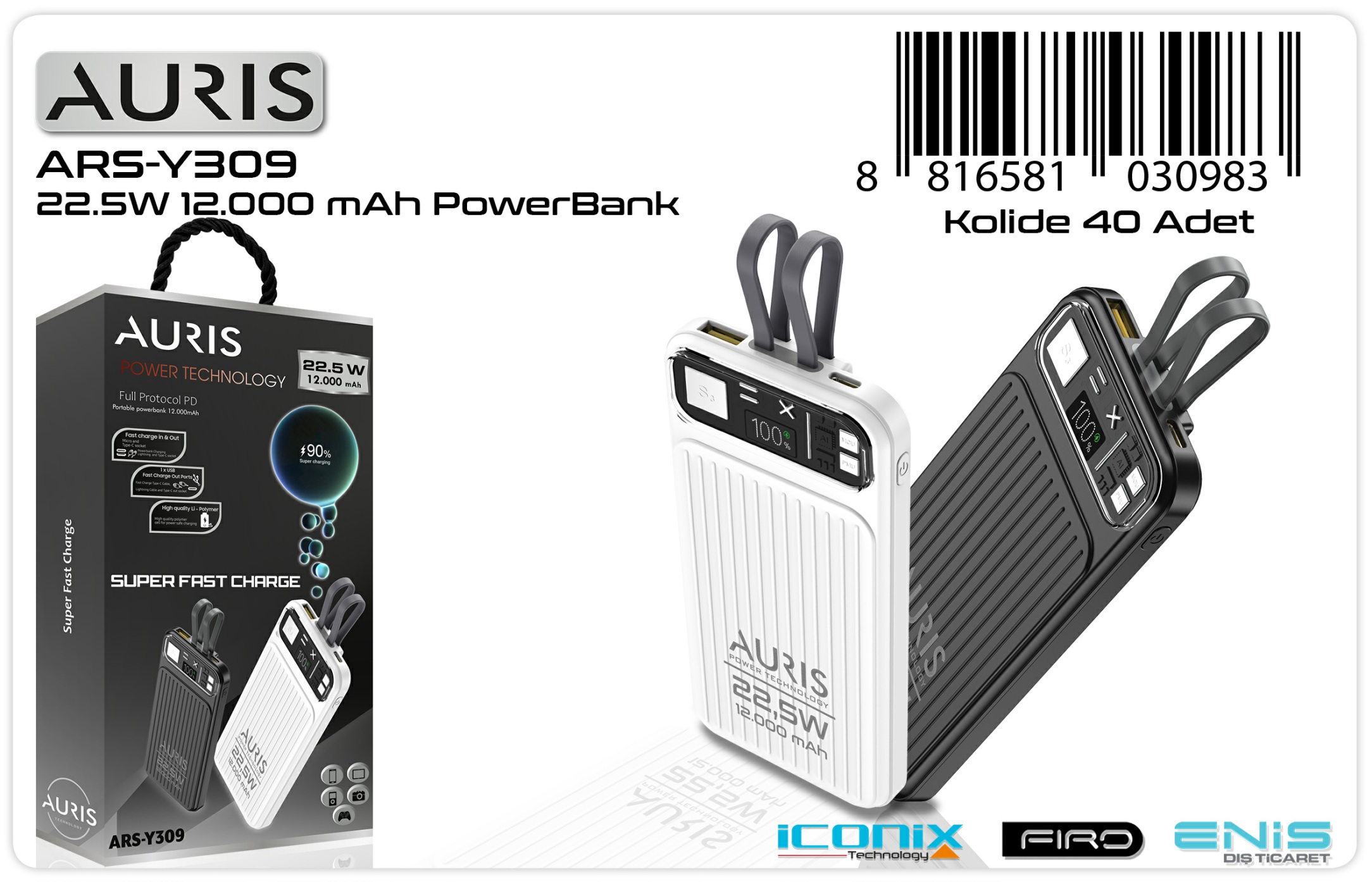 Auris Y309 SİYAH 22-5W 12-000 Mah Kablolu Super Fast Powerbank